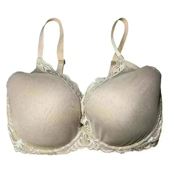 NATORI Beige Nude Cafe Lace Trim Mesh Feathers Plunge T-Shirt Bra | Size 34G - Picture 3 of 8